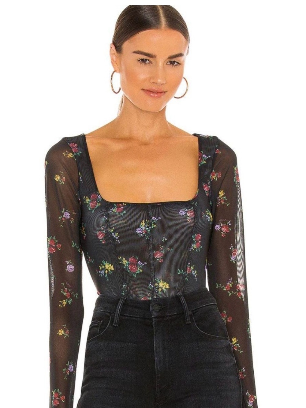 AFRM MeshFloral Square-Neck Long Sleeve Bodysuit